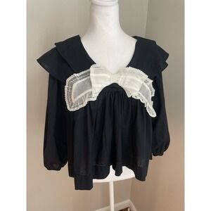 NWT The‎ GREAT. Relic Top Women 1/S Black Cream Bow Cottage Prairie Romantic